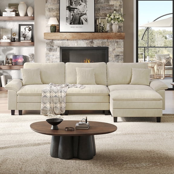 COPIAE 123'' Cloud Modular Couch Sofa, Oversized 3 Seat Comfy Sofa For Living Room, Sectional Couches With Ottoman, Detachable Seat Cushion & Backrest Cover, Chenille Fabric Beige