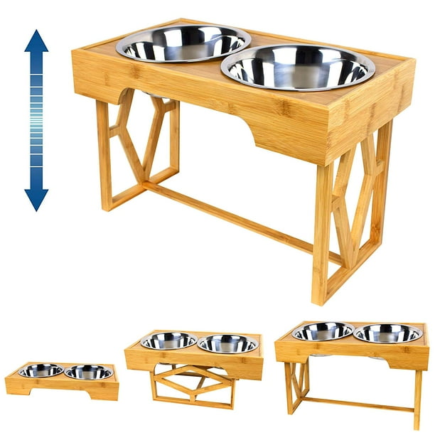 Adjustable Bamboo Elevated Pet Feeder, Large Raised Stainless Steel