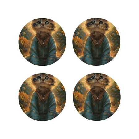 

Matuu Sunflower Meditating Cat for Cup Coasters Set of 4 Leather Coasters Desk Coasters for Office Measures 4” x 4”-Round Shape