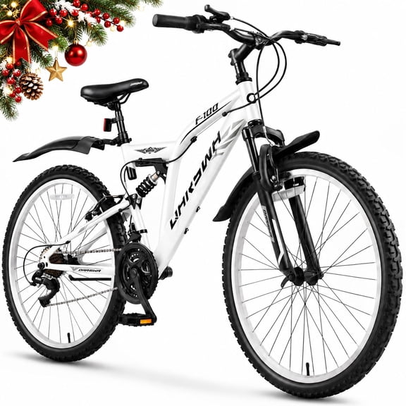 26" Full Suspension Mountain Bike, 21-Speed Bicycle for Teens and Adults, White