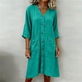 thumbnail image 4 of Zynoxe Womens Cotton Linen Dresses Summer V-neck 3/4 length sleeve Button Down Midi Dresses Lounge Peasant Gauze Business Work Dresses with Pockets Green XL, 4 of 7