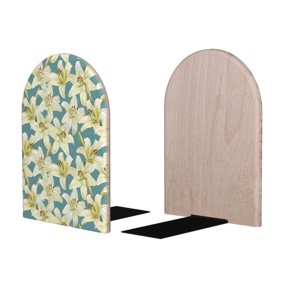 Picia Lilies Flowers Pattern Wood Bookends for Shelves,Non-slip Bookends, Heavy Duty Wooden Bookend Support,1 Pair
