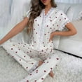 thumbnail image 6 of ZZwxWA Women's Sleepwear Heart Print Lace Trim V Neck Button Front Short Sleeve Shirt and Pants Pajama Set, 6 of 6