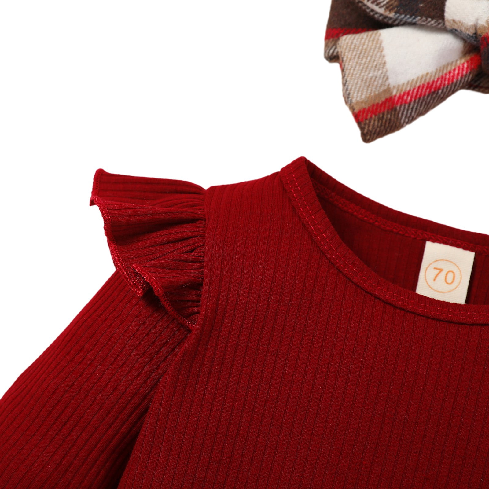 URMAGIC Infant Baby Girl Clothes Ruffled Long Sleeve Top Rompers Plaid Halter Dress Headband Newborn 3Pcs Fall Winter Outfits