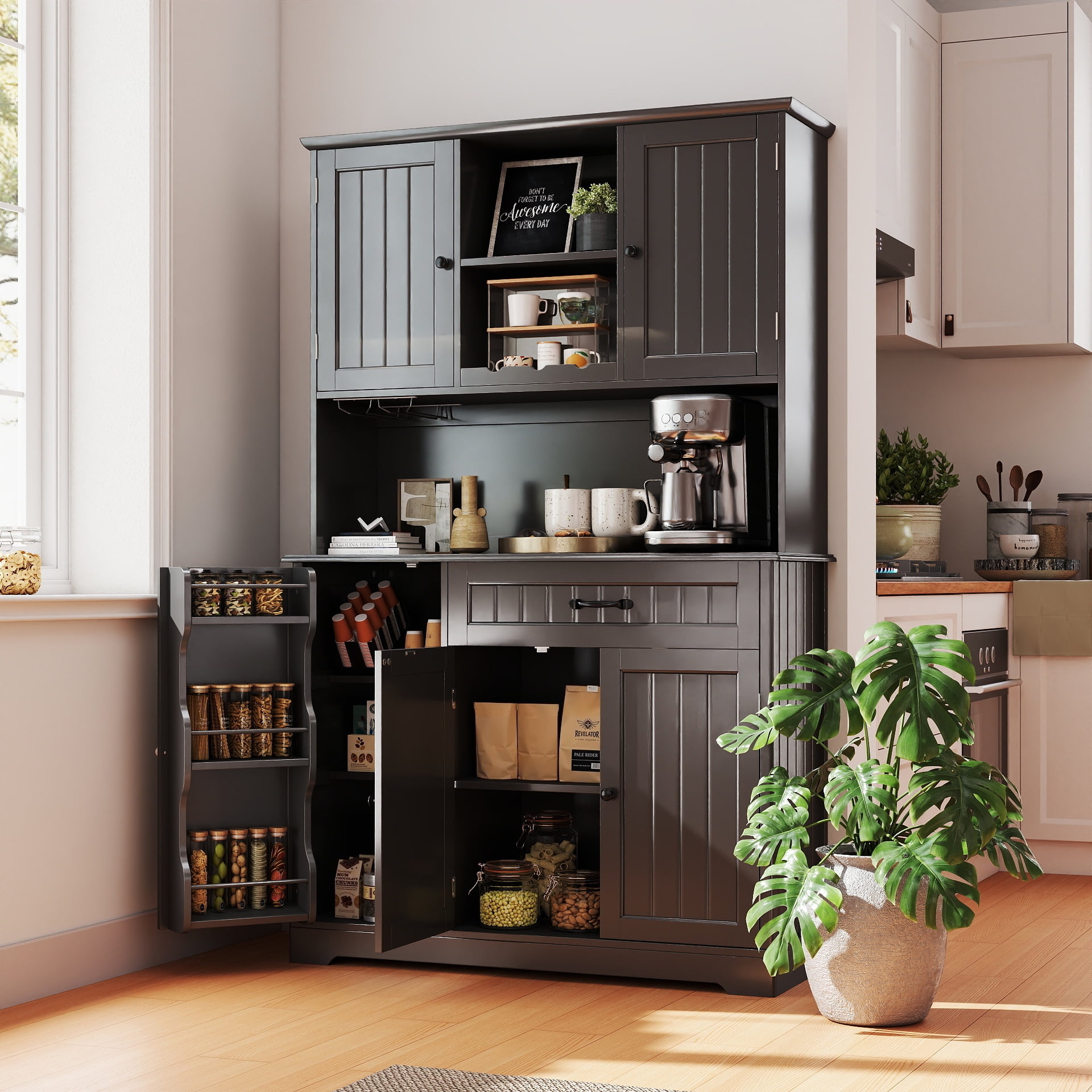 67" Kitchen Pantry Cabinet with Microwave Shelf, 5 Doors & 15 Adjustable Shelves, Large Storage Organizer, Also Perfect as Coffee Bar with Wine Glass Racks