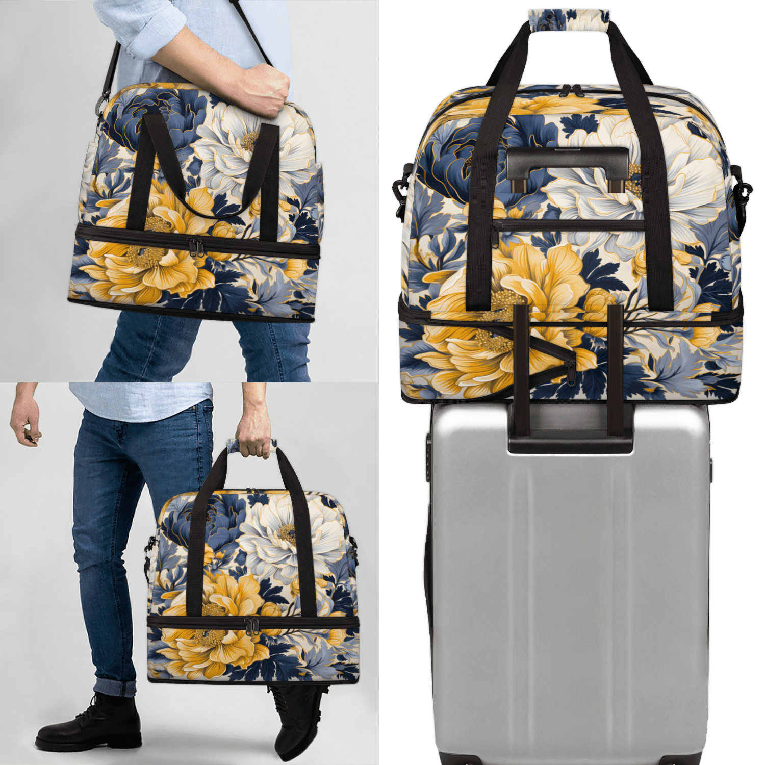 Herdesigns Navy Blue Floral Foldable Travel Duffle Bag for Women and Men Lightweight Carry On Overnight Bag Yellow Flowers Gym Luggage Weekender Bags with Shoe Compartment