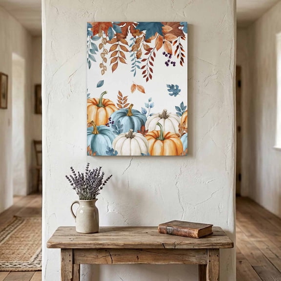 Ships Next Day Canvas Wall Art 11"x14", Orange Blue Fall Wood Framed Canvas Print Painting, Thanksgiving Botanical Pumpkins Ready to Hang Small Picture Wall Decor for Home Bathroom Bedroom Hallway