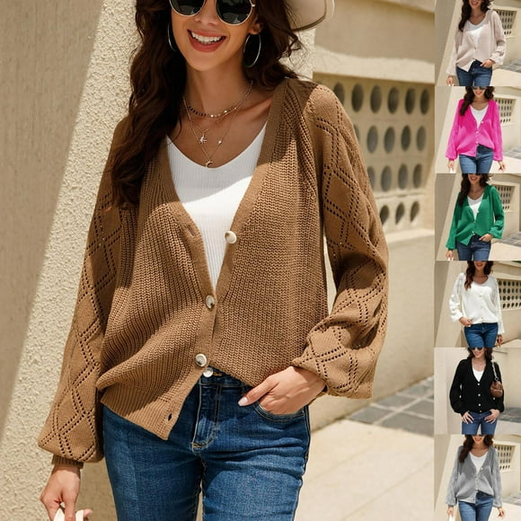 NJDVHB Fall Winter for Women,Cardigan Sweaters for Women,Jackets for Women Trendy,Women Long Sleeved V Neck Solid Knitted Cardigan Sweater Jacket,Khaki,L