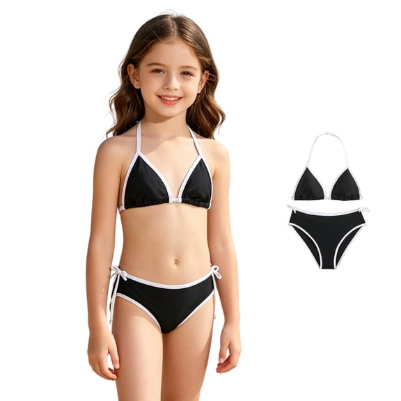 XINXIAOO Girls Halter Triangle Bikini Two Piece Swimsuit Contrast White Side Tie Solid Quick Dry Bathing Suit Summer Swimwear for Kids Girls 16-17 Years