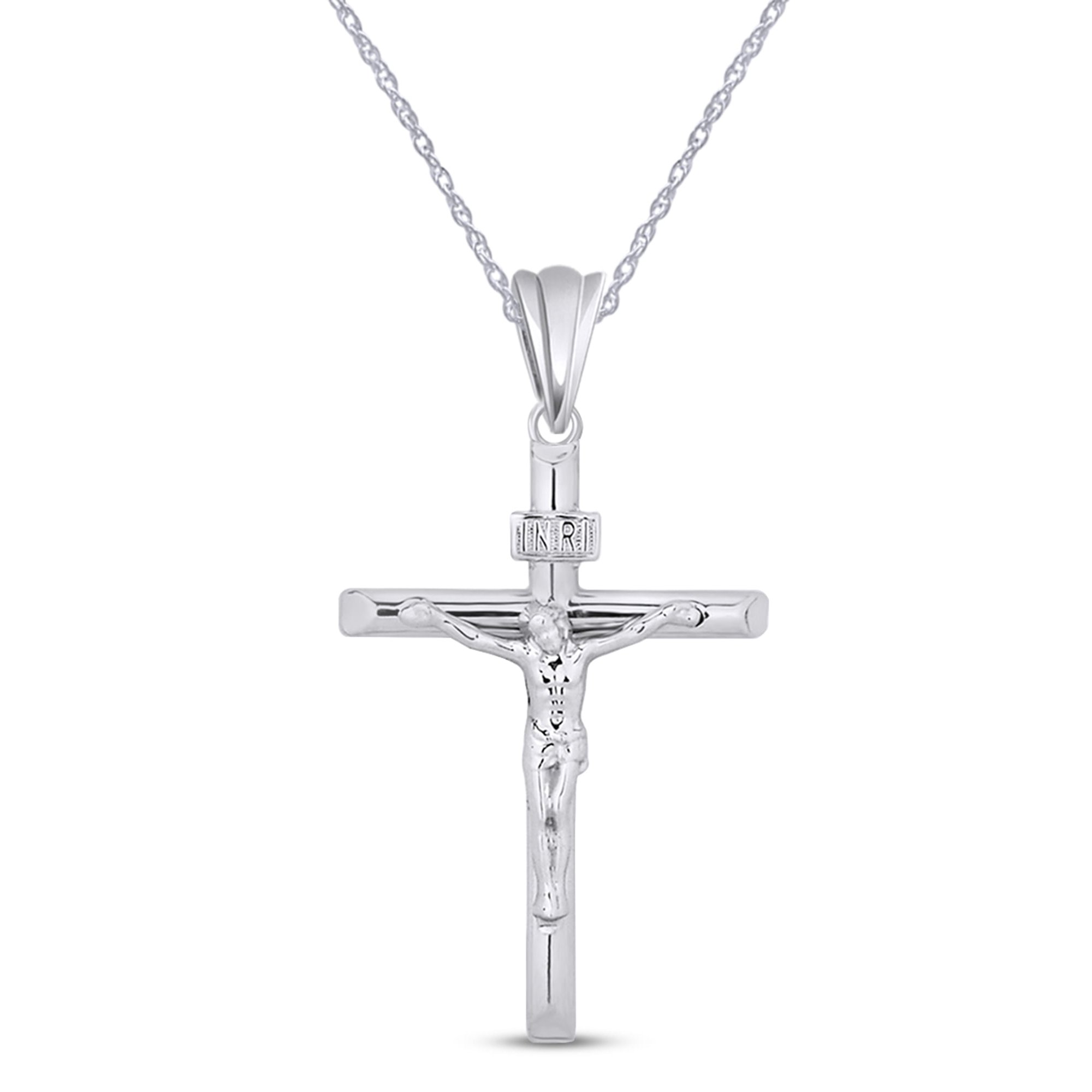 AFFY Jesus Christ INRI Crucifix Cross Pendant Necklace in 14K White Gold over Sterling Silver
