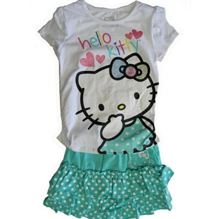 Little Girls Aqua White Top Polka Dotted Tiered Skirt Outfit 4-6X