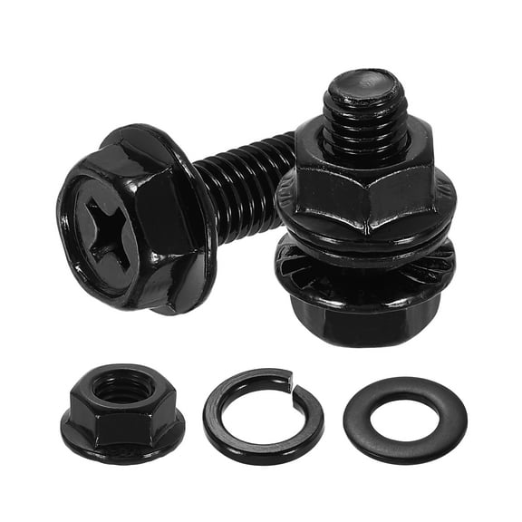 M8 x 18mm 10Pcs Phillips Flanged Hex Bolts with Nuts, Flat & Lock Washers, Black