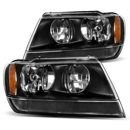 For 1999 2000 2001 2002 2003 2004 Jeep Grand Cherokee Headlight Assembly,OE Projector Headlamp,Black Housing,One-Year Limited Warranty(Driver and Passenger (Best Jeep Headlight Upgrade)