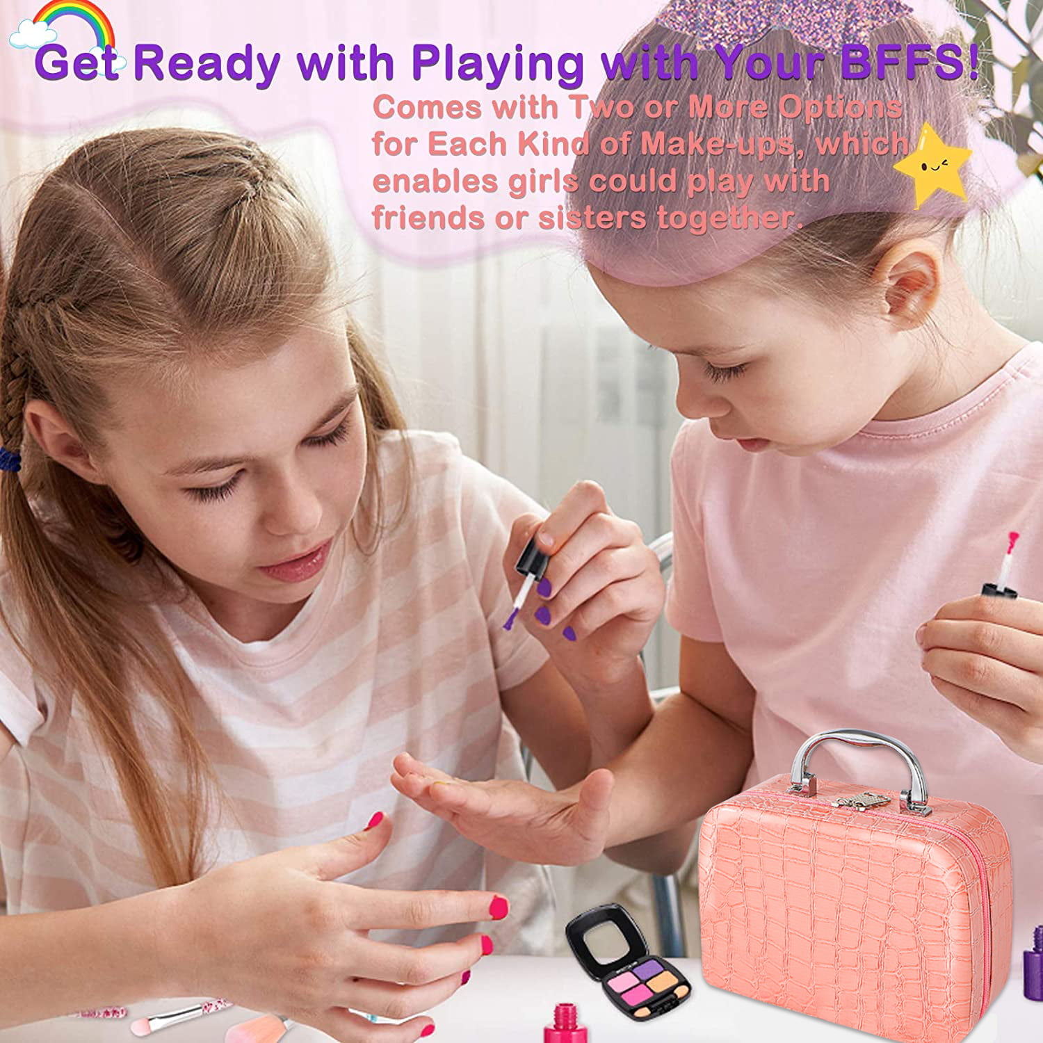 Kids Pretend Makeup Kit with Cosmetic Bag for Girls 4-10 Year Old -  Including Pink Brushes, Eye Shadows, Lipstick, Mascare, Gittler Pot, Liquid  Foundation, Nail Polish and More (Not Real Makeup) 