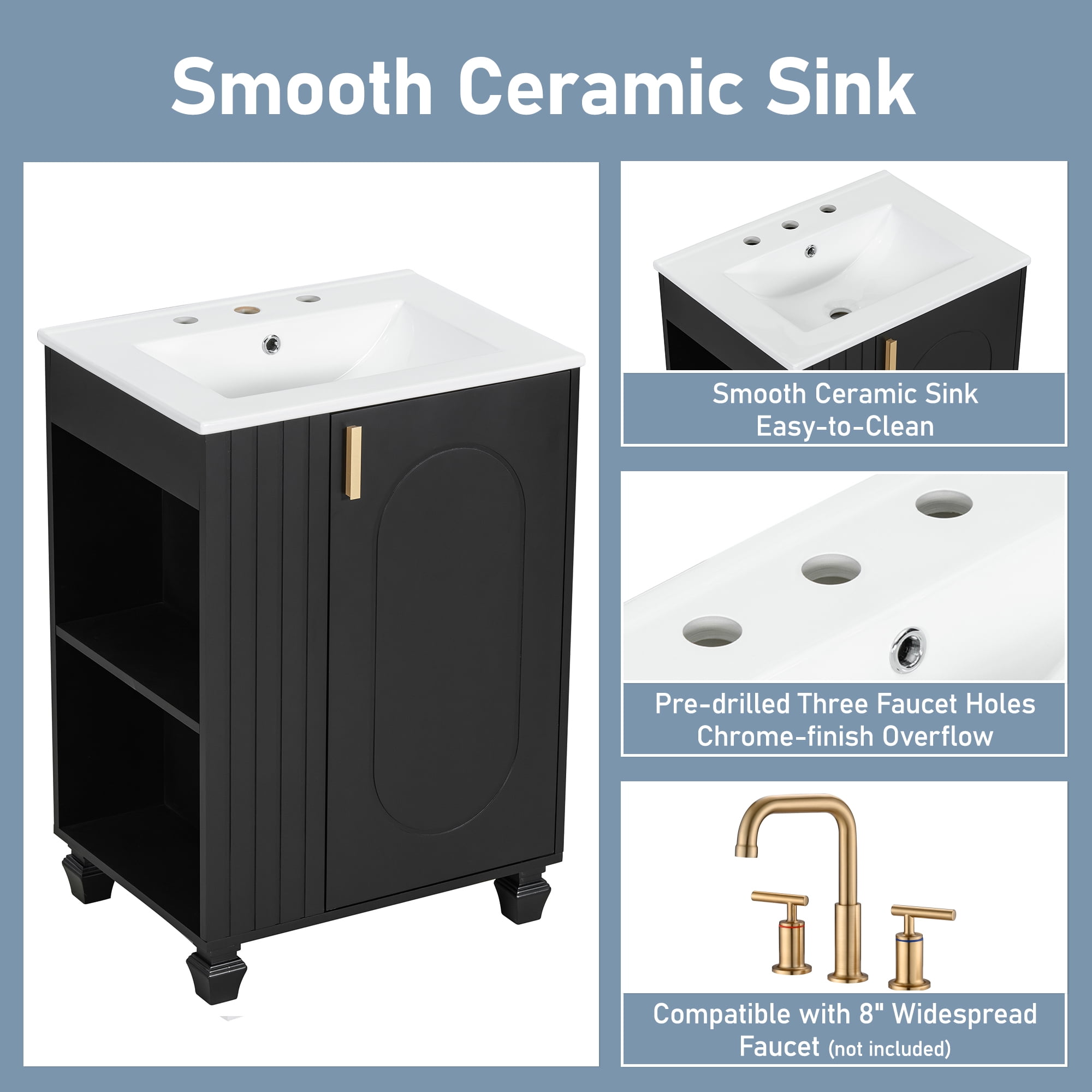 Harper & Bright Designs 24" Small Bathroom Vanity Sink Combo, Bathroom storage Cabinet with Door Shelf, Single Sink Bathroom Vanity for Small Space, Black