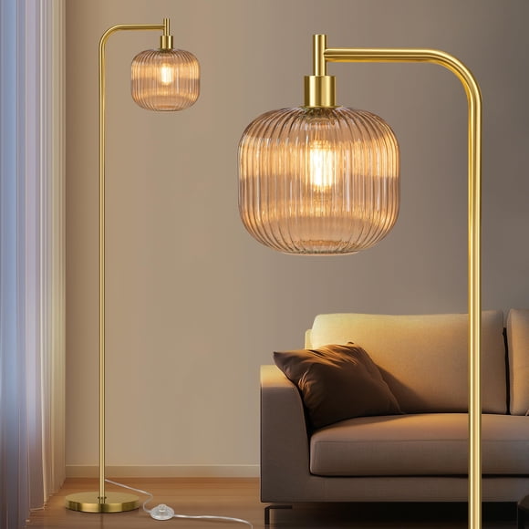 Lámpara de Pie QiMH 170 cm Dorado Satinado con Pantalla de Vidrio Acanalado