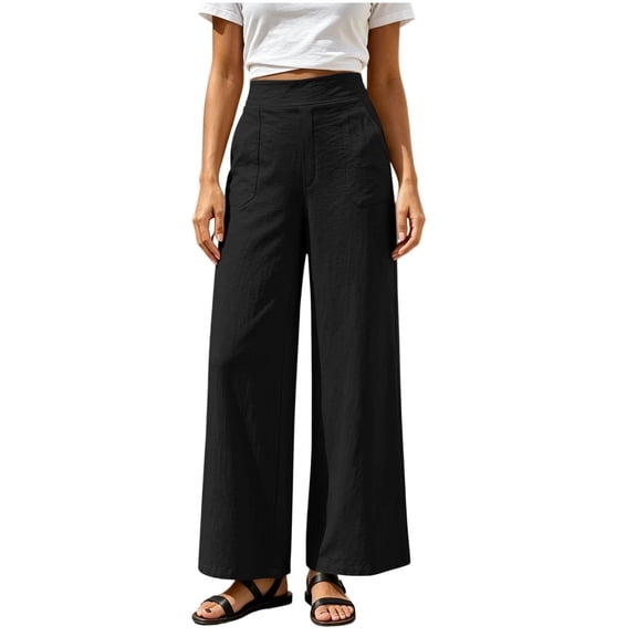 hlysgo Palazzo Pants for Women with Pockets Casual Smocked Waist Wide Leg Pant Summer Loose Beach Vacation Trousers Black,S