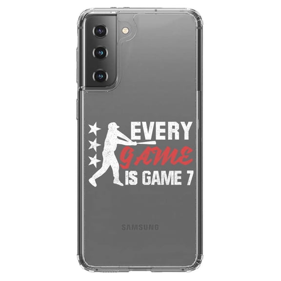 DistinctInk Clear Shockproof Hybrid Case for Galaxy S21  PLUS 5G (6.7" Screen) - TPU Bumper Acrylic Back Tempered Glass Screen Protector - Baseball Every Game is Game 7