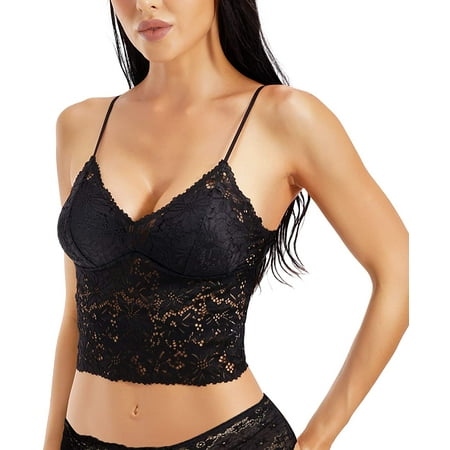 

Nebility Lace Bra Camisole Bralette for Women Halter Deep V Neck Cami Wireless Adjustable Crop Top(Black X-Large)