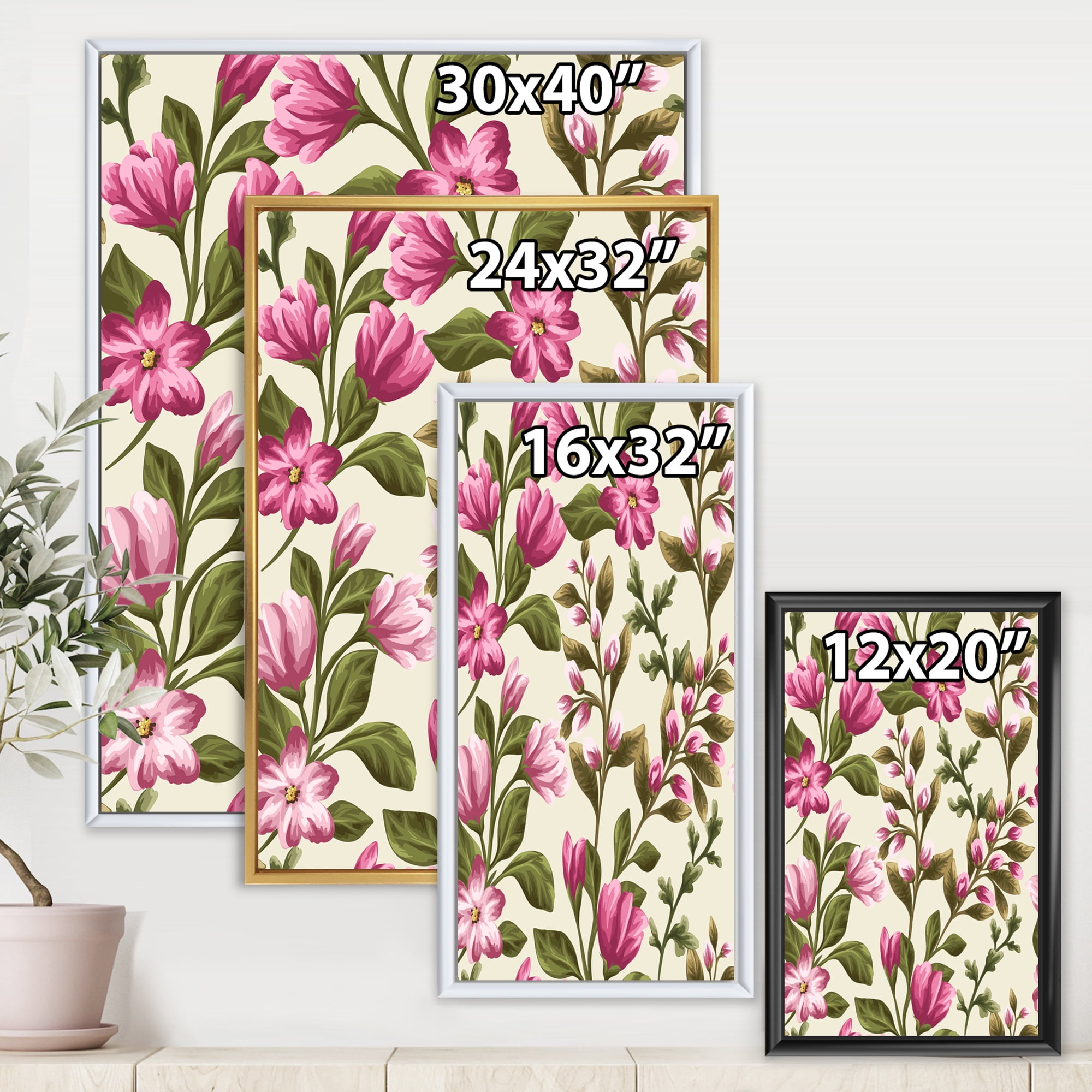 Pink Vintage Wildflowers 12 in x 20 in Framed Painting Canvas Art Print, by Designart