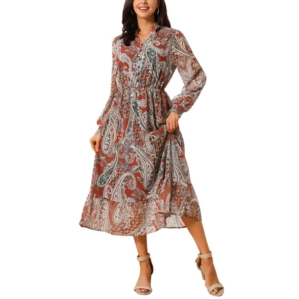 INSPIRE CHIC Vestidos Boho para Mujeres con Cuello en V, Manga Larga, Puños Fruncidos, Corte A, Floral, en Capas, Fluidos, Midi de Otoño, S Rojo