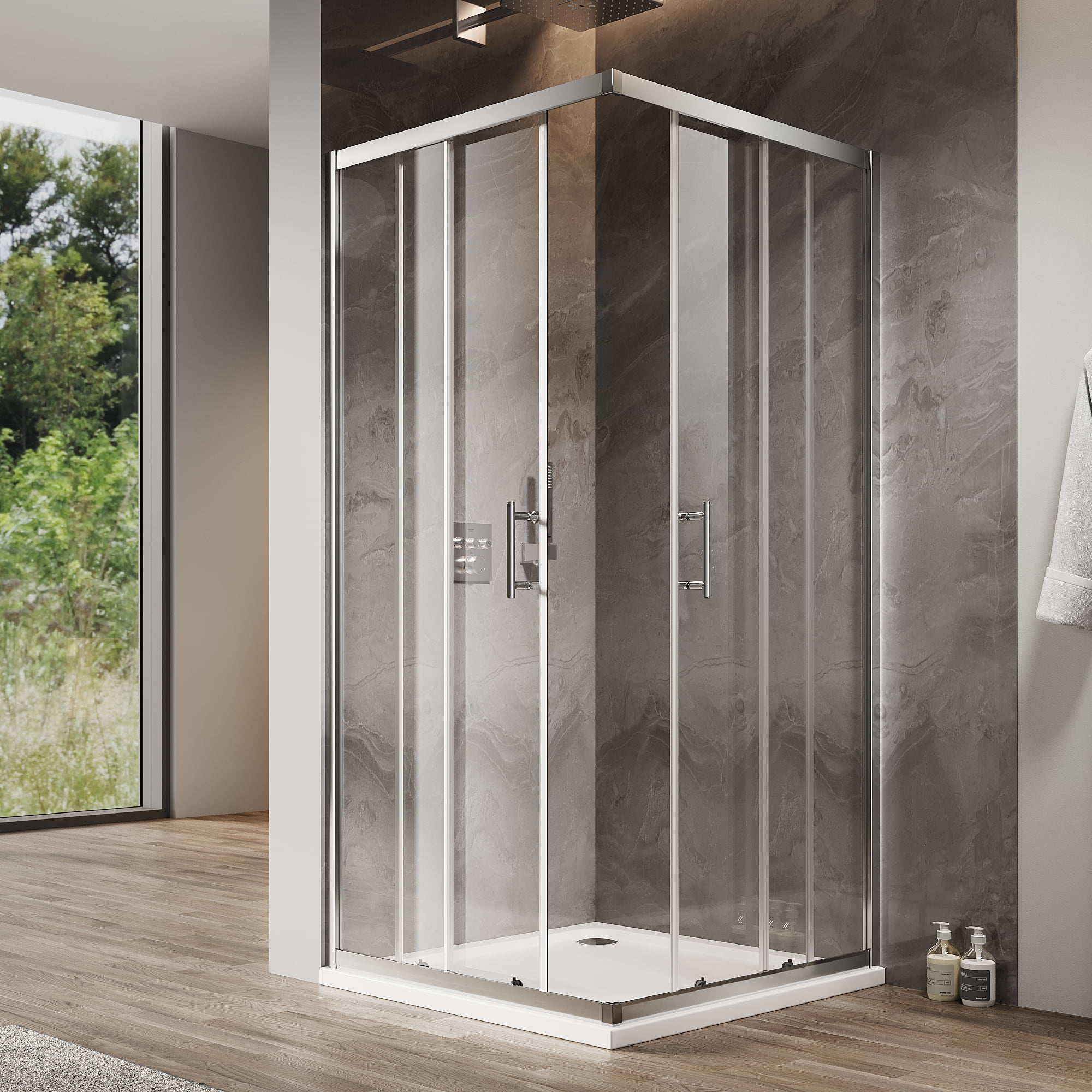 Sunny Shower 34" x 34" x 72" Corner Entry Shower Enclosure with Sliding Doors, Bright Silver Finish