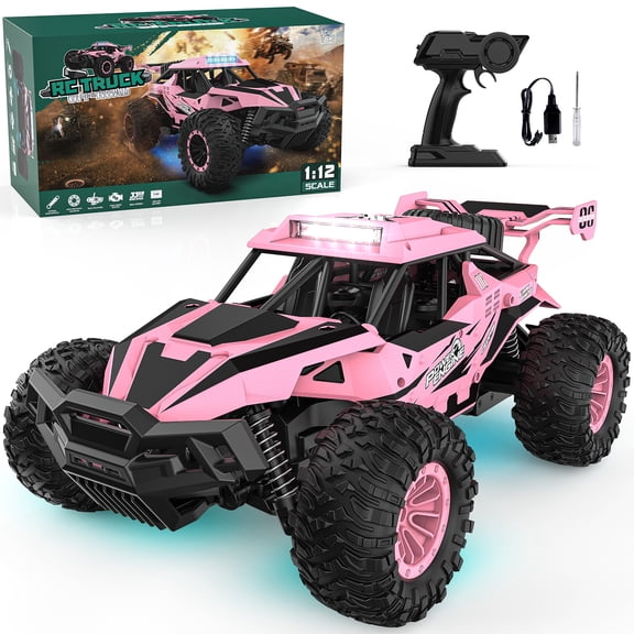 Growsly 33KM/H RC Cars Toys, 1:12 RC Monster Trucks Offroad Hobby RC Truck Toys with LED Headlight and Rechargeable Battery Gift for Adults Boys 5-12 Kids, Pink