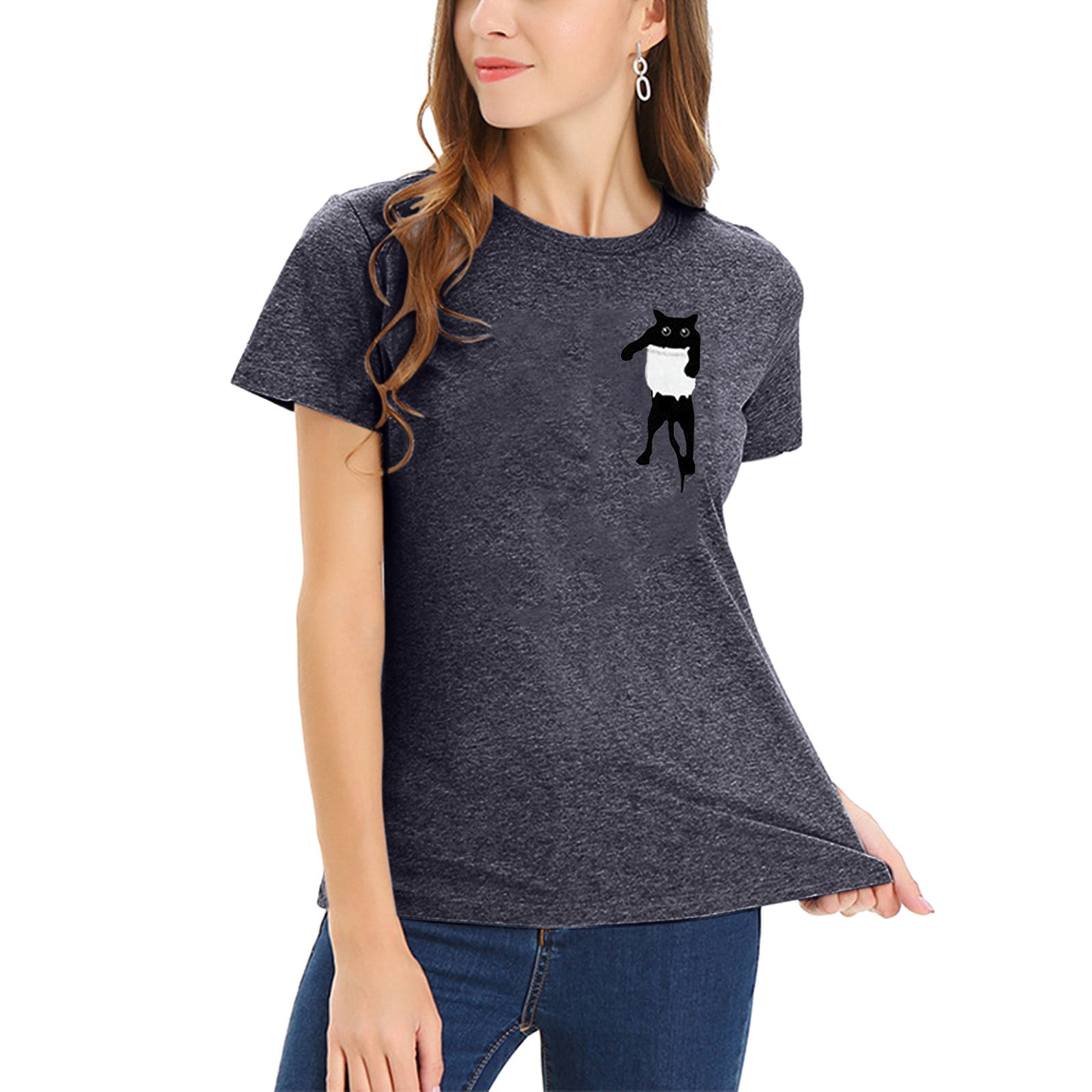 Meikosks Ladies Cat Print T-Shirt Short Sleeve Pullover Casual Simple Tops Cute Blouses 
