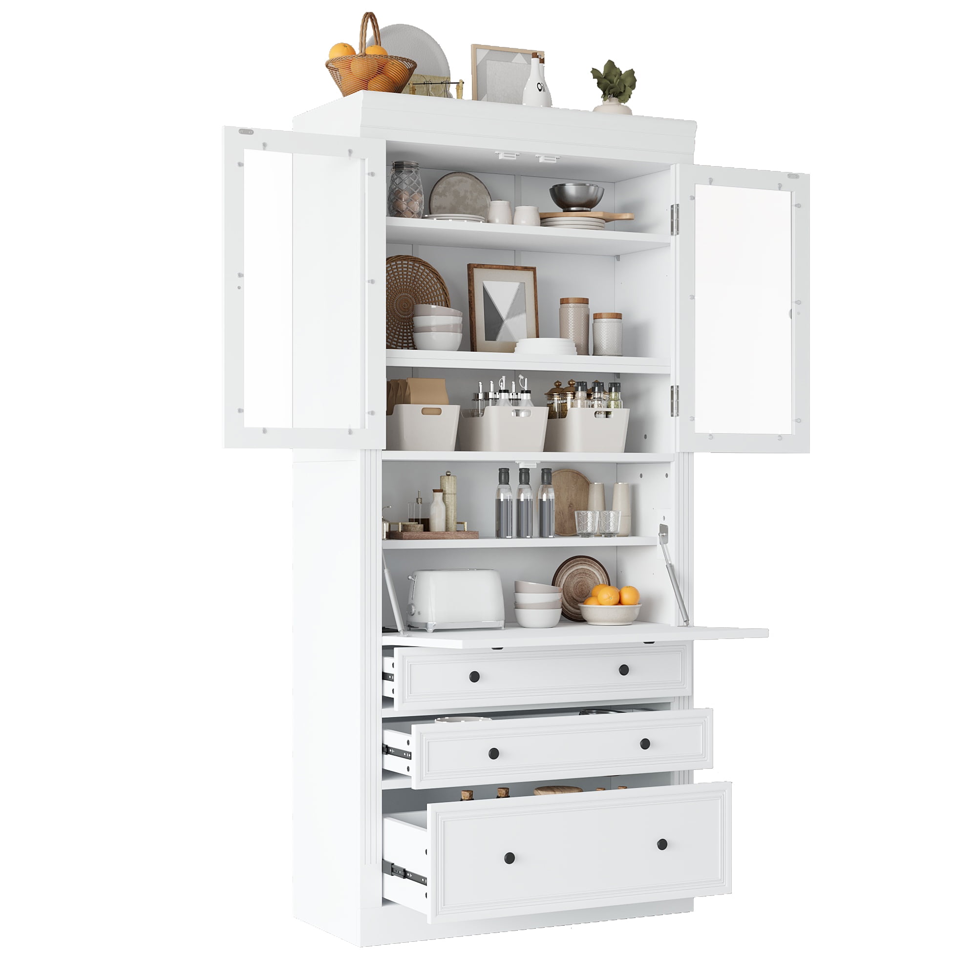 Euroco 36x16.5x78inch Freestanding Kitchen Pantry Storage Cabinet,Multifunctional Cupboard with 3 Drawers,Adjustable Shelves and Power Outlet for Dining and Living Room,White