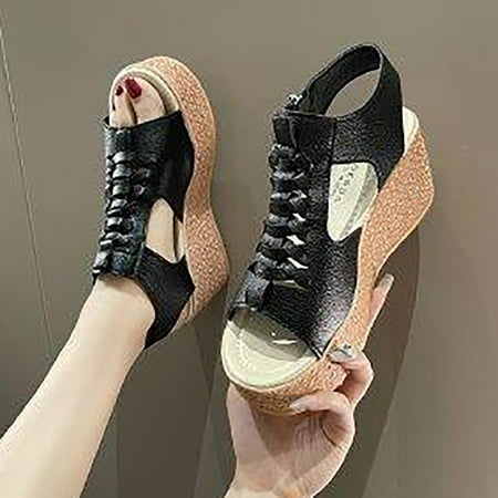 

XIAQUJ Women s New Thick Heel Medium Heel Large Size Sandals Hollow Fish Mouth Roman Shoes Sandals for Women Black 6.5(37)