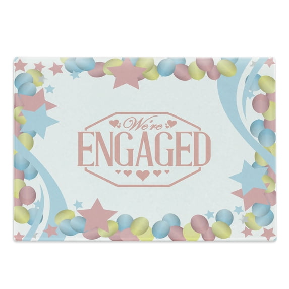 Engagement Party Cutting Board, We Are Engaged Celebration Balloons Stars Swirls Vintage Image, Decorative Tempered Glass Cutting and Serving Board, Large Size, Pink Blue and Green, by Ambesonne