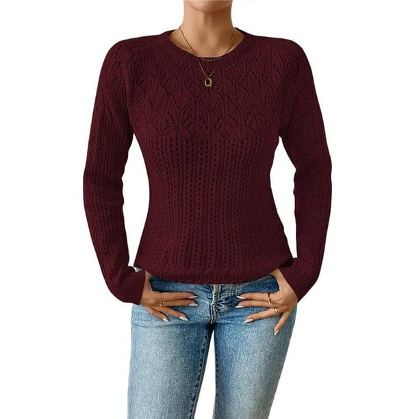Suéteres de Punto Ligeros de Crochet con Cuello Redondo y Mangas Largas para Mujer Conjuntos de Otoño A Rojo L