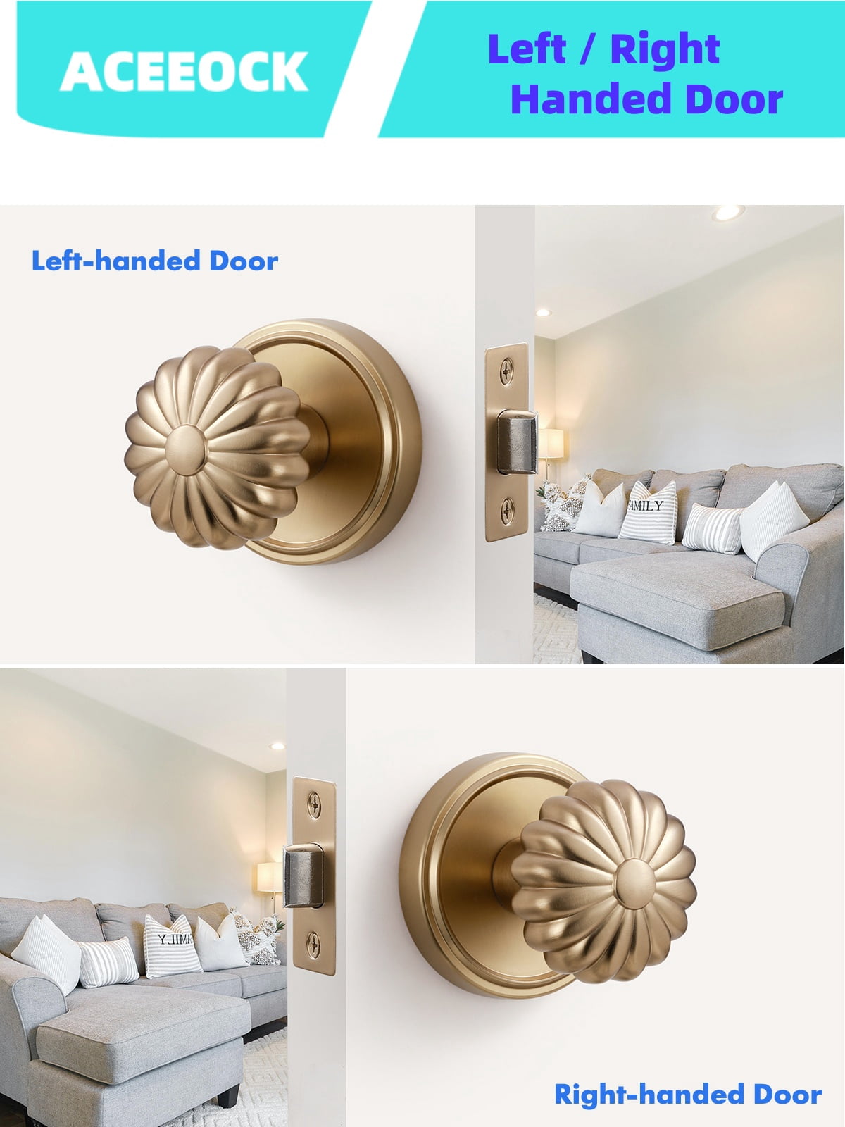 ACEEOCK Champagne Bronze Passage Door Knob, Interior Kitchen Pantry Door Handle Hallway Closet Doorknob, Aluminium Alloy Knob