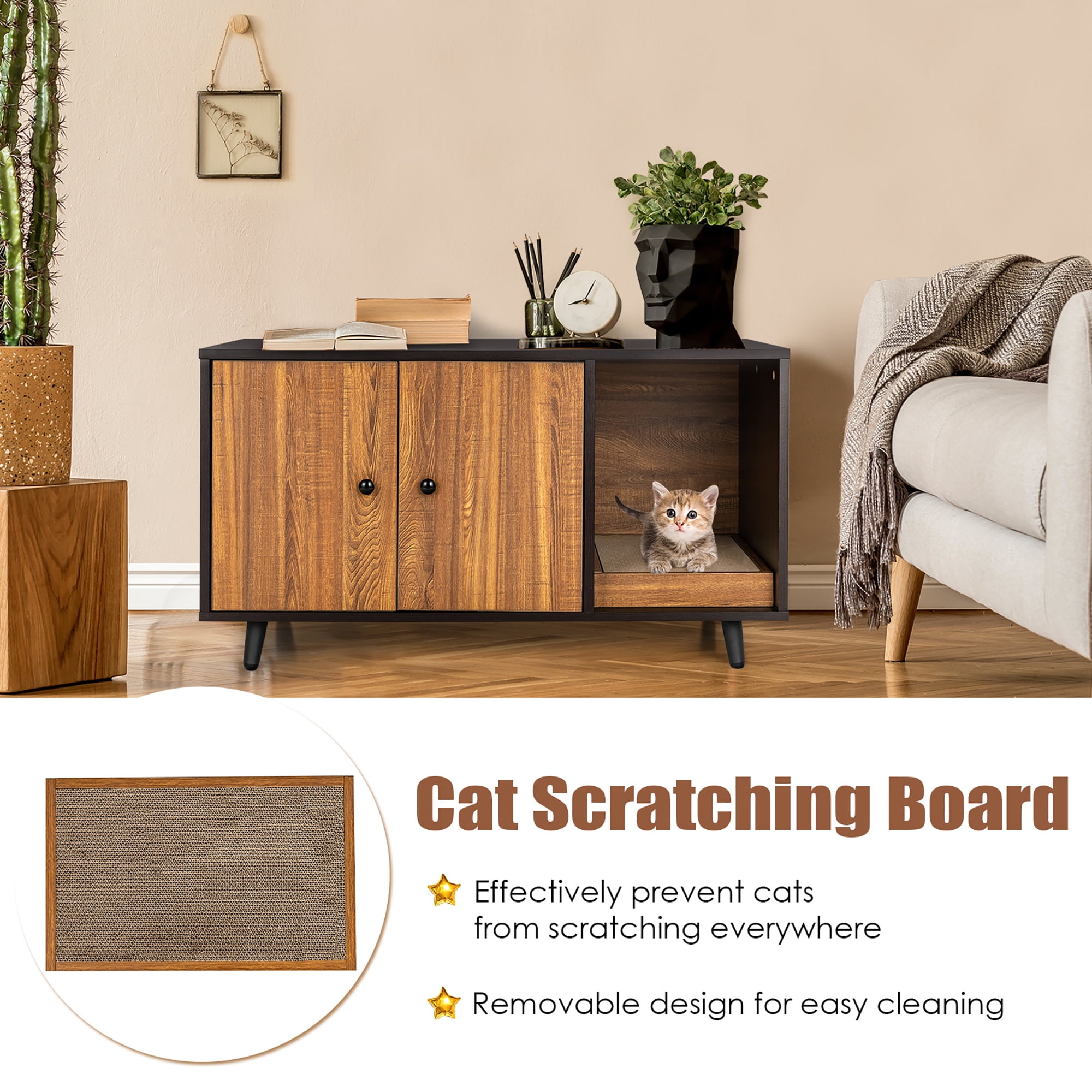 Costway Cat Litter Box Enclosure Cat Washroom Hidden Litter Box Enclosure Coffee