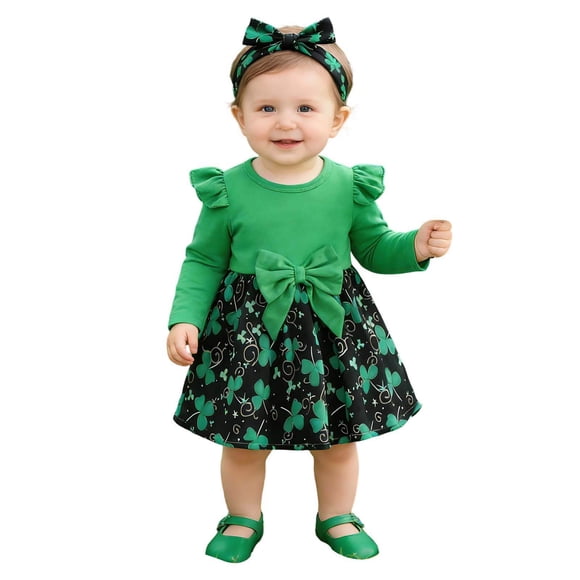 FYDUU Robe pour Bébé Fille Robe de la Saint-Patrick pour Tout-Petites Filles à Manches Longues à Imprimé Floral Robe de Fête avec Bandeau Vêtements Mignons de Printemps Robe de Fête à la Mode