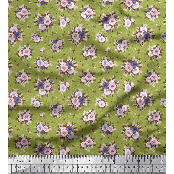 Soimoi Cotton Voile Fabric Leaves & Rose Floral Print Fabric by the Yard 42 Inch Wide
