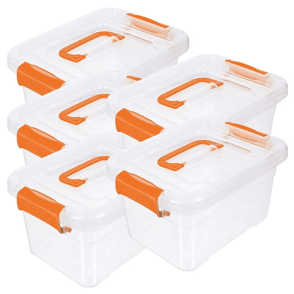 OUNONA 5-Pack Clear Plastic Storage Boxes with Orange Handles, Tabletop Organizers for Home and Office