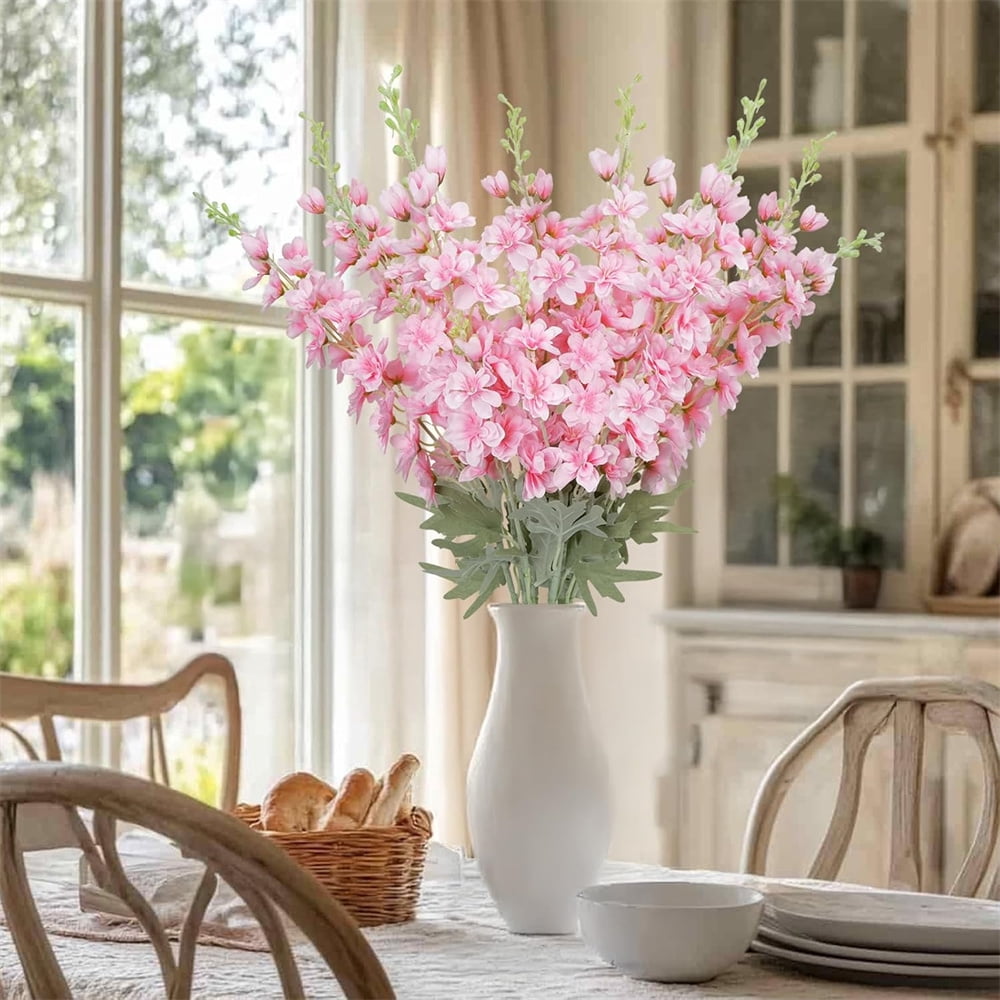 NOGIS 6pcs Delphinium Artificial Flower 34.6'' Pink Silk Flowers Long Silk Larkspur Flowers Plant Floral Faux Bouquets for Tall Vase Wedding Floral Arrangements Floor Home Garden Outdoor Decor