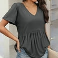thumbnail image 4 of TQWQT Summer Peplum Tops for Women Cute V-Neck Babydoll Short Sleeve Tunic Top Solid Color Ruffle Shirt Puff Sleeve Blouse Plus Size Maternity Clothes Gray 3XL, 4 of 5