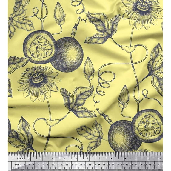 Soimoi polyester Crepe Fabric Leaves,Floral & Passion Fruits Print Fabric by Yard 52 Inch Wide