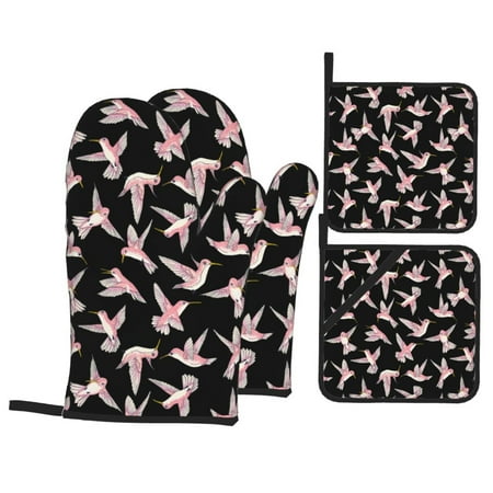 

Oven Mitts and Pot Holders 4 Piece Pink Hummingbird High Heat Slip Resistant Oven Mitt and Trivets Set Kitchen Oven Glove Pot Holders for Cooking Baking Grilling