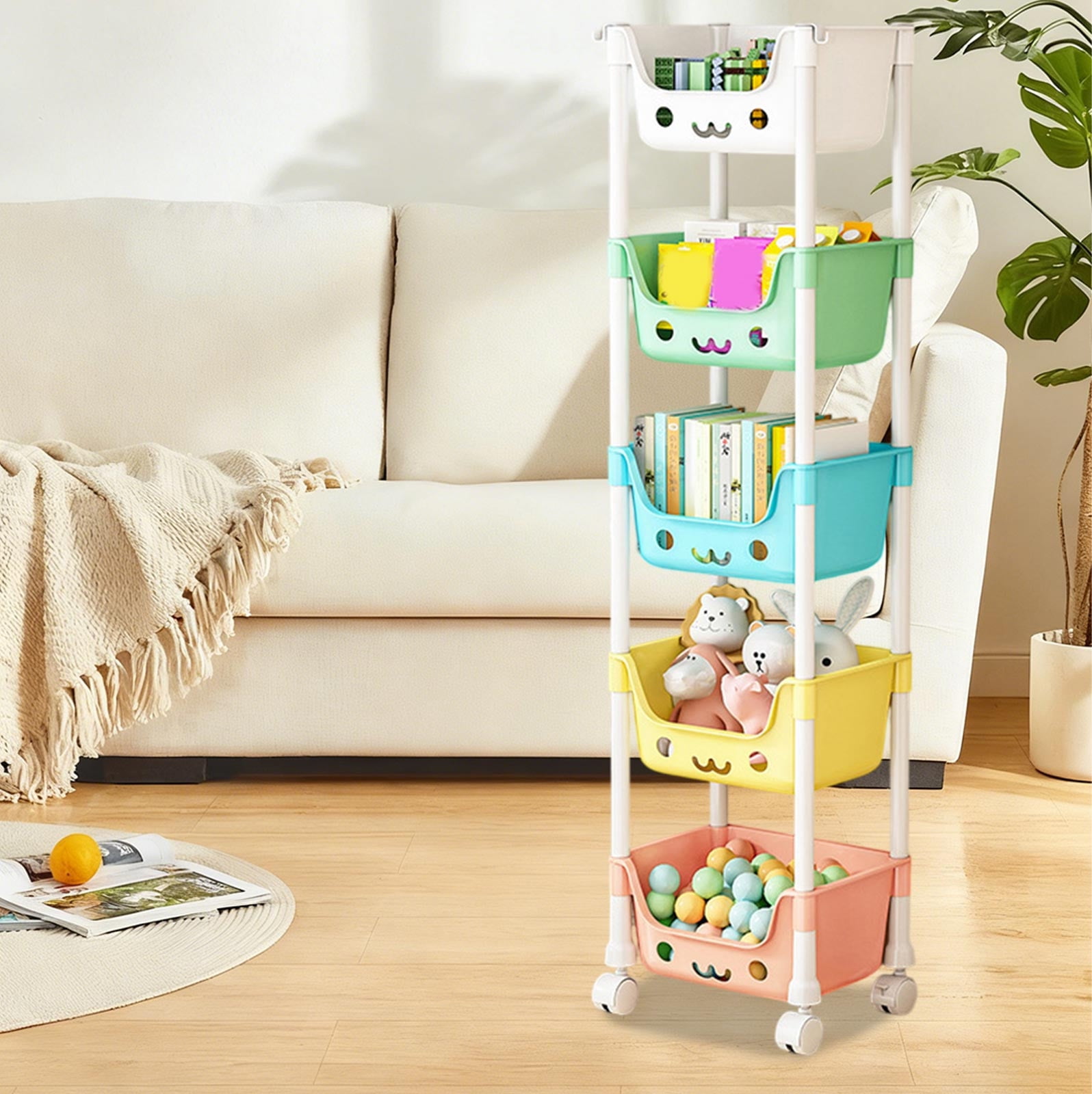 5-Tier Rolling Cart with Wheels, Kids Toy Storage Organizer with Lockable Wheels, Plastic Multicolor Snack Books Organizer Rack for Bedroom Playroom, 49.2"x13"x8.7"
