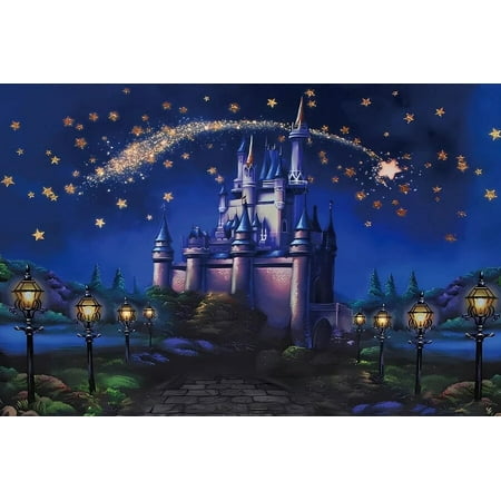 Image of Castle Night View Backdrop Lakeside Glitter Gold Stars Fairy Tale Palace Kids Birthday Portrait Photography Background