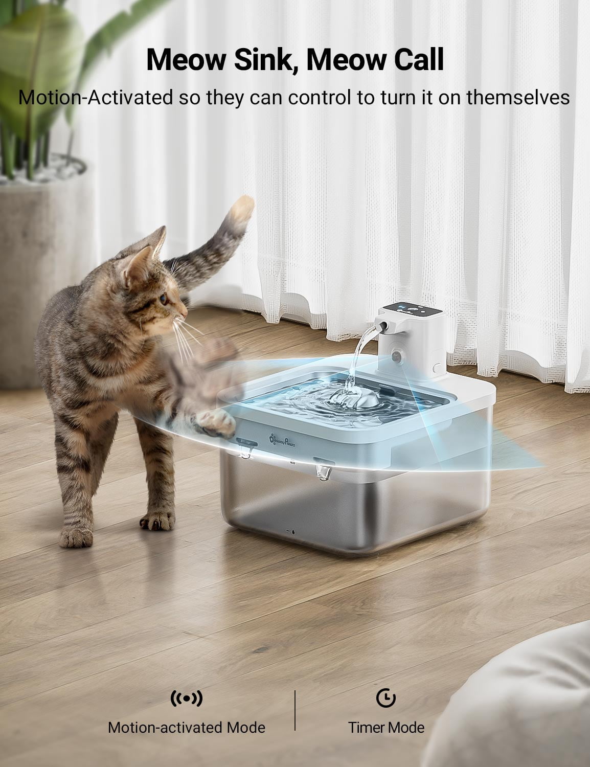 DownyPaws Wireless Stainless Steel 2.5L/84oz Cat Water Fountain, Battery Operated Pet Water Dispenser, White