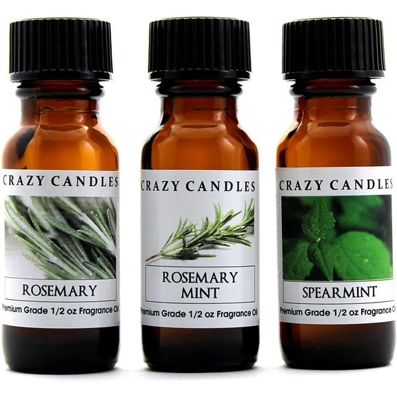 Crazy Candles 3 Bottles Set: 1 Rosemary, 1 Rosemary Mint, 1 Spearmint 1/2 Fl Oz Each (15ml) Premium Grade Scented Fragrance Oil