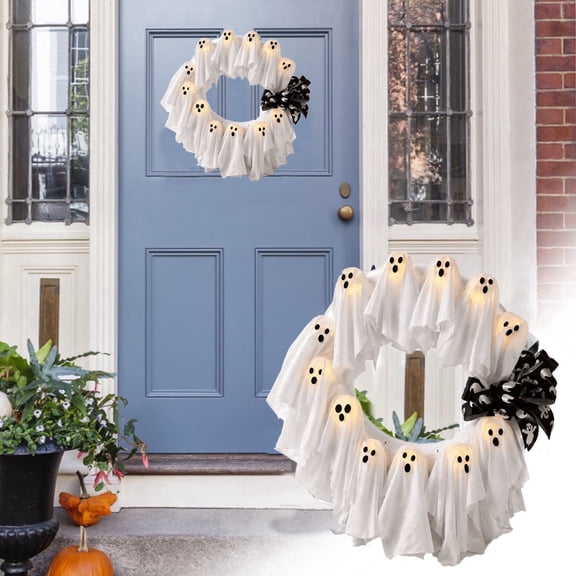 Halloween Ghost Wreath, 12 Glowing White Ghost Ribbon Garland,Light-Up Halloween Ghost Wreath Spooky Indoor & Outdoor Hanging Decoration for Front Door, Wall, Party，17.7 inches
