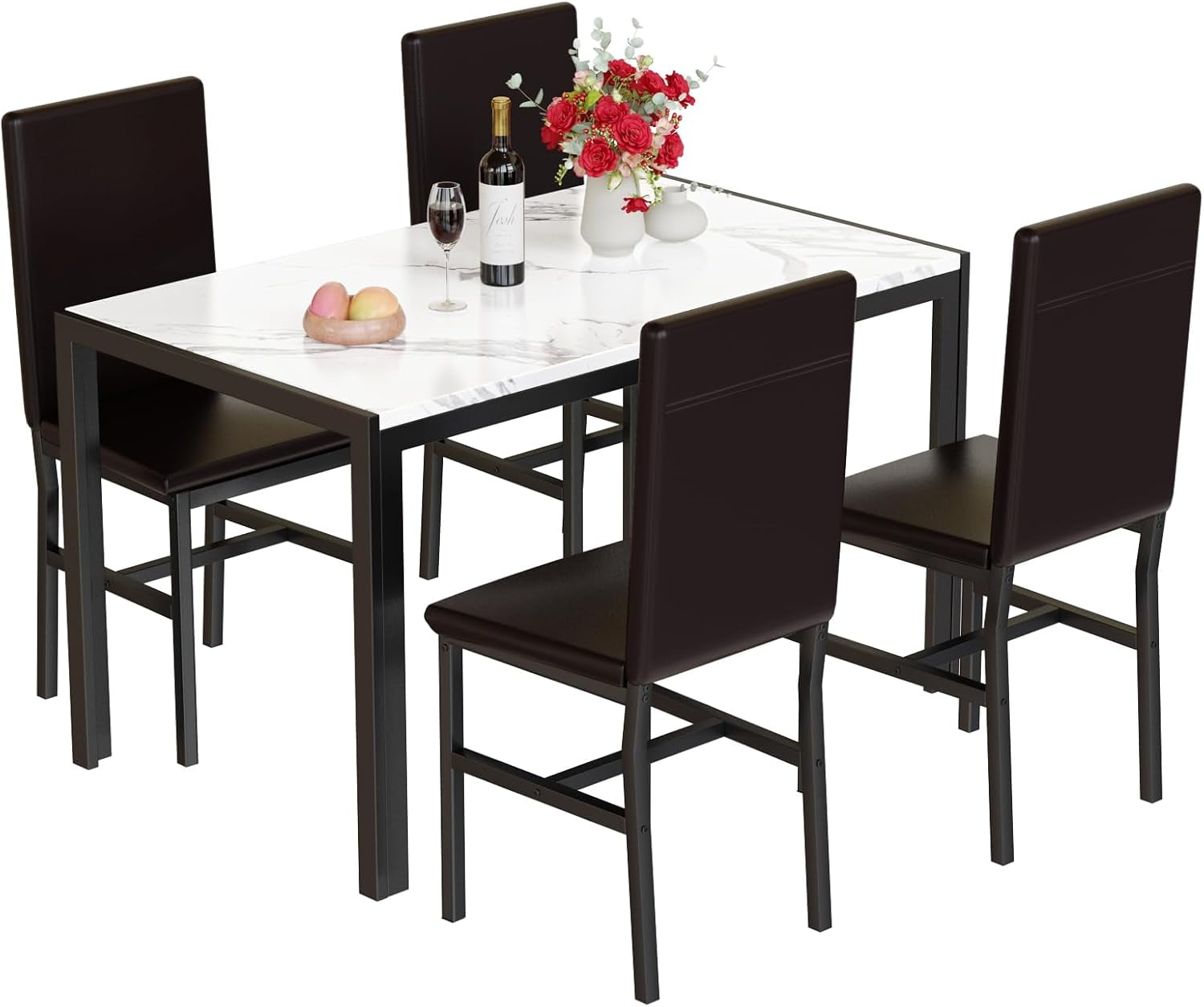 AWQM Marble Kitchen Dining Table Set, Dining Table Set for 4 with 4 PU Leather Upholstered Chairs, Metal Frame, Small Space Dining Table Set for Apartment, Kitchen, Dining Room, White/Brown