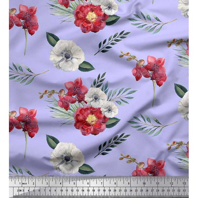 Soimoi Blue Rayon Fabric Leaves,Anemone & Peach Floral Print Sewing Fabric BTY 56 Inch Wide