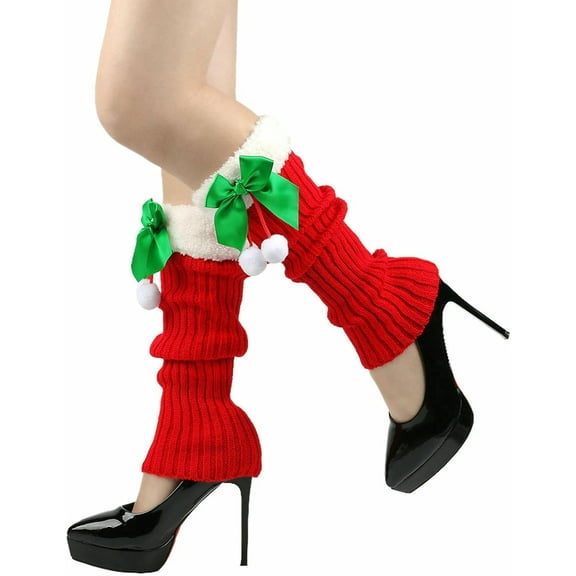 Leg Warmers for Women Winter Christmas Leg Warmer Knitted Leg Sleeves with Fuzzy Fur Cuffs & Bowknot Plush Ball