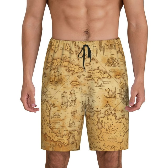 Balery Old Vintage Map Of Sea Pantalones cortos de pijama de punto de algodón para hombre con cinturilla y bolsillos-X-Large